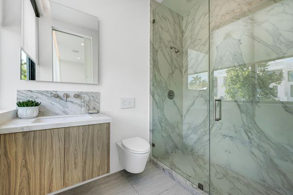 Bathroom, Glass Shower, Interior, Marble, Marble Walls, Recessed Lighting