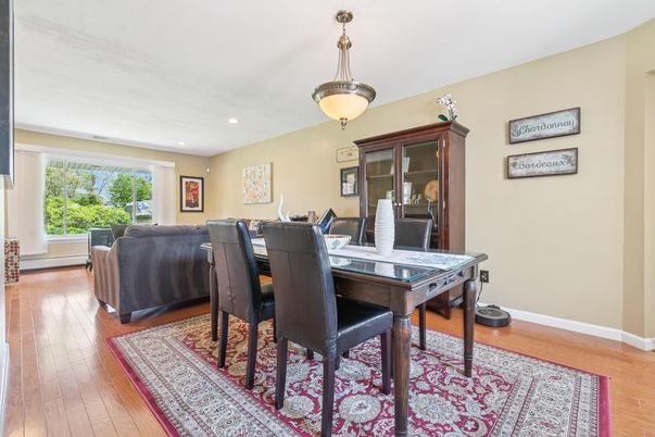 Dining room, Interior, Living room, Recessed Lighting, Wood Texture Flooring