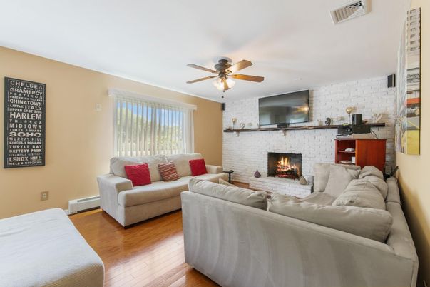 Fireplace, Interior, Living room, Stone Walls, Wood Texture Flooring