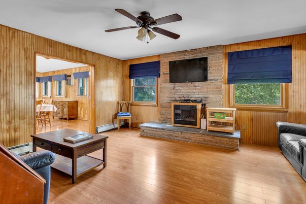 Fireplace, Interior, Stone Walls, Wood Texture Flooring, Wooden Walls