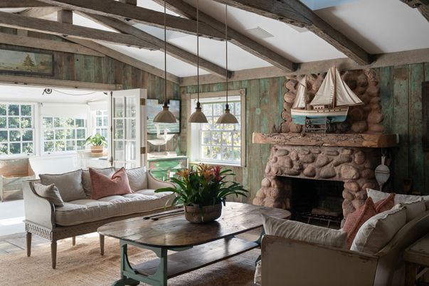 Fireplace, Interior, Living room, Pendant Lights, Wooden Beams