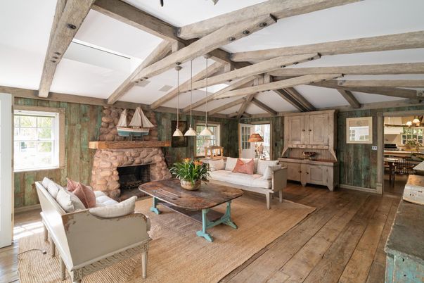 Chandelier, Dining room, Fireplace, Interior, Living room, Pendant Lights, Wooden Beams, Wood Texture Flooring