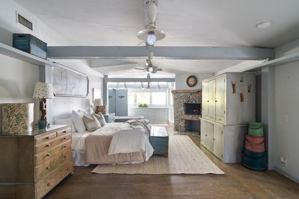 Bedroom, Fireplace, Interior, Wood Texture Flooring