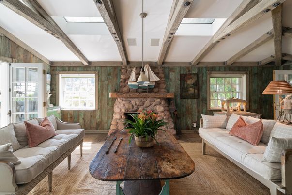 Fireplace, Interior, Living room, Pendant Lights, Wooden Beams
