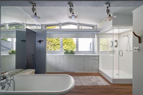 Bathroom, Free Standing Baths, Glass Shower, Interior, Wood Texture Flooring