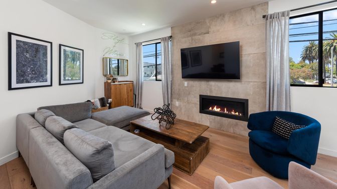Fireplace, Interior, Living room, Recessed Lighting, Wood Texture Flooring