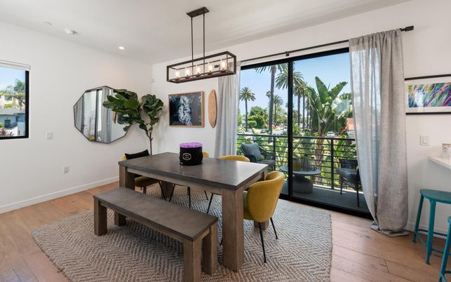 Dining room, Interior, Pendant Lights, Recessed Lighting, Wood Texture Flooring