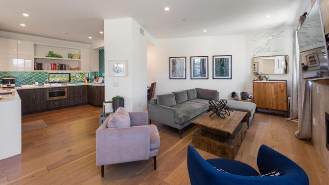 Interior, Kitchen, Living room, Pendant Lights, Recessed Lighting, Wood Texture Flooring