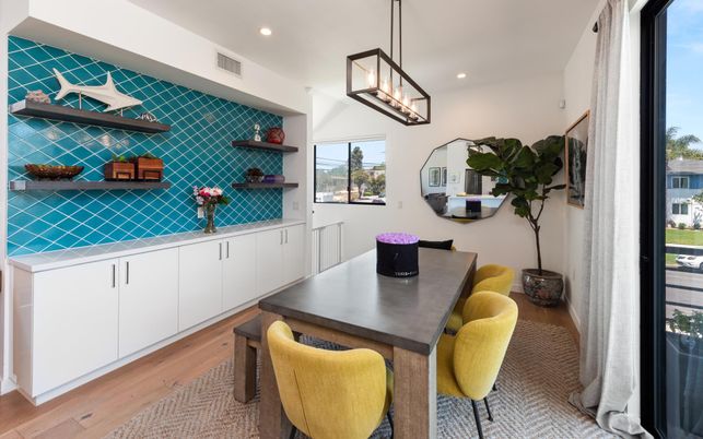 Dining room, Interior, Pendant Lights, Recessed Lighting, Wood Texture Flooring
