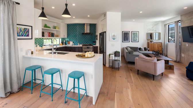 Interior, Kitchen, Living room, Pendant Lights, Recessed Lighting, Stainless Steel Appliances, Wood Texture Flooring