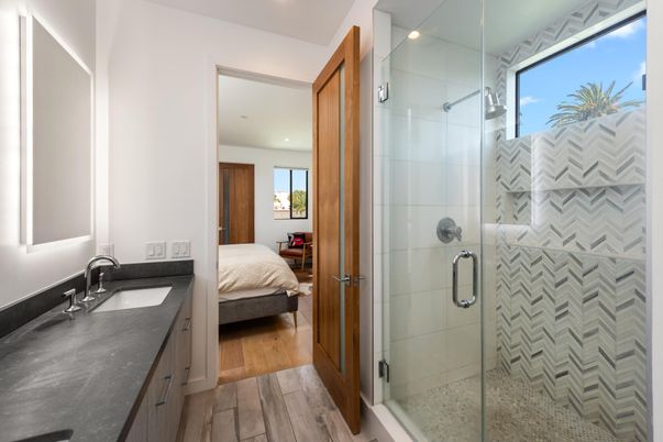 Bathroom, Bedroom, Glass Shower, Interior, Recessed Lighting, Wood Texture Flooring