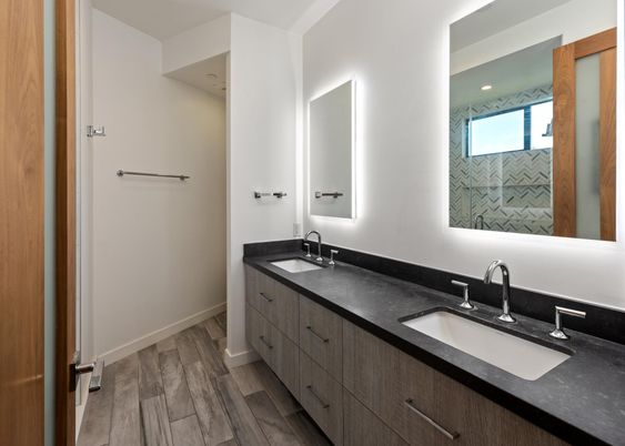 Bathroom, Dual Sink Vanities, Interior, Recessed Lighting, Wood Texture Flooring