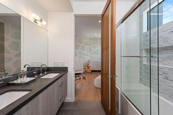Bathroom, Dual Sink Vanities, Glass Shower, Interior, Recessed Lighting, Wood Texture Flooring