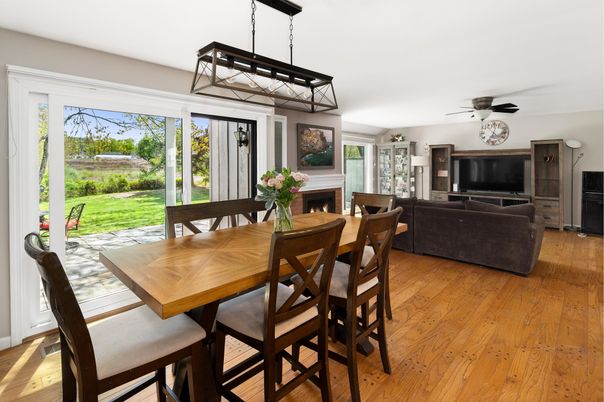 Dining room, Fireplace, Interior, Living room, Pendant Lights, Wood Texture Flooring