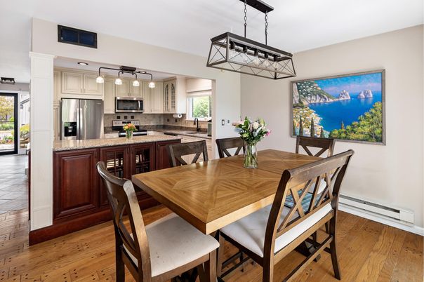 Dining room, Interior, Kitchen, Pendant Lights, Stainless Steel Appliances, Wood Texture Flooring