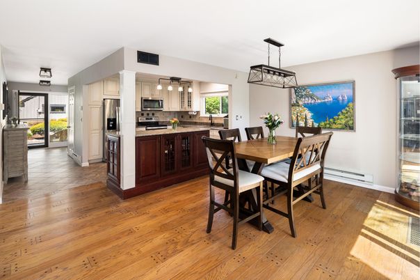 Dining room, Interior, Kitchen, Pendant Lights, Stainless Steel Appliances, Wood Texture Flooring
