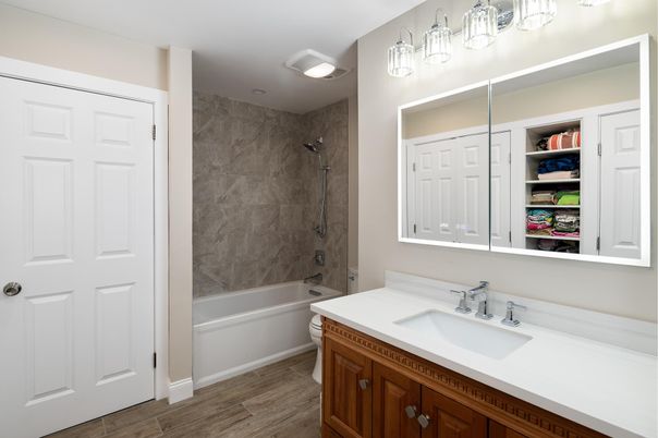 Bathroom, Glass Shower, Interior, Wood Texture Flooring
