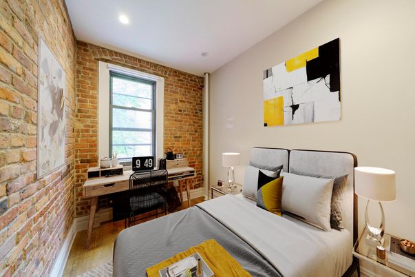 Bedroom, Home Office, Interior, Recessed Lighting, Stone Walls