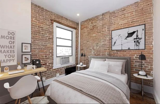 Bedroom, Home Office, Interior, Recessed Lighting, Stone Walls, Wood Texture Flooring