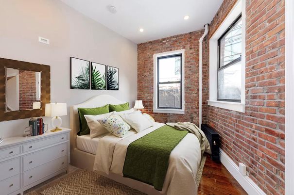 Bedroom, Interior, Recessed Lighting, Stone Walls, Wood Texture Flooring