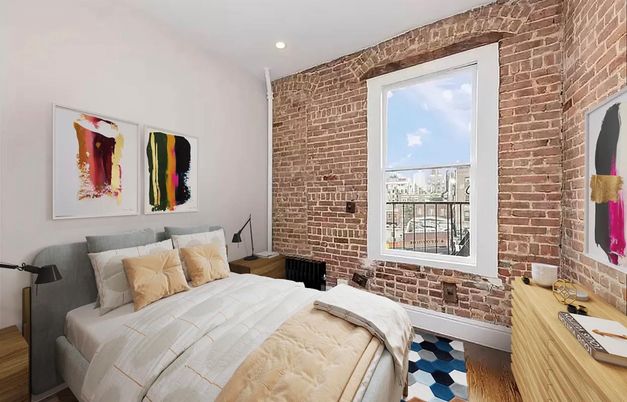 Bedroom, Interior, Recessed Lighting, Stone Walls, Wood Texture Flooring