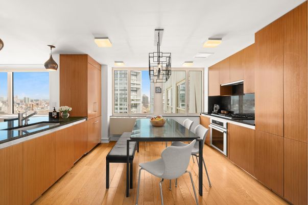 Dining room, Interior, Kitchen, Pendant Lights, Stainless Steel Appliances, Wood Texture Flooring