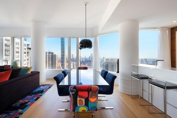 Dining room, Interior, Living room, Pendant Lights, Recessed Lighting, Wood Texture Flooring