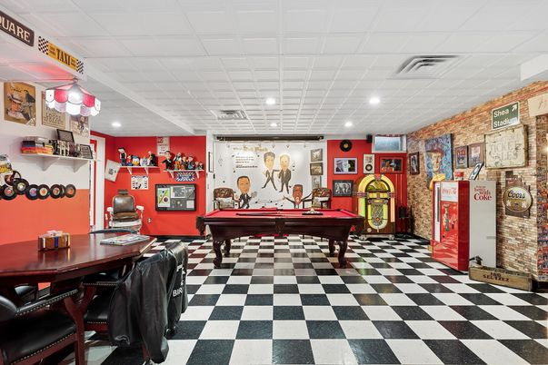 Billiard Table, Game Room, Interior, Recessed Lighting, Stone Walls