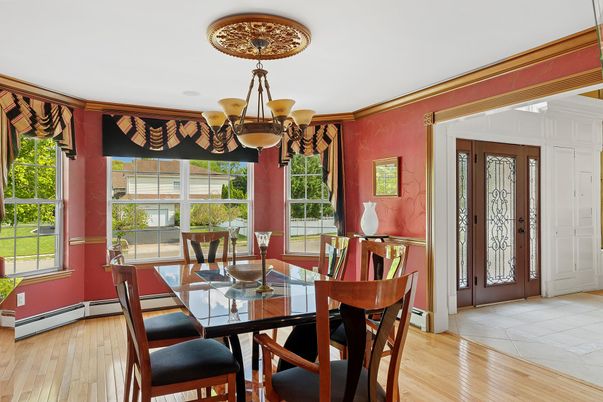 Chandelier, Dining room, Interior, Wood Texture Flooring