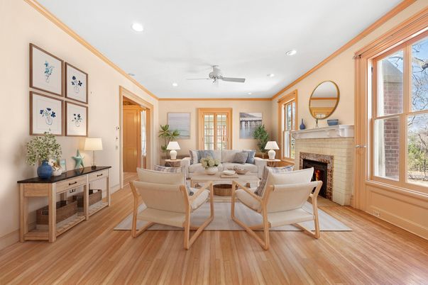 Fireplace, Interior, Living room, Recessed Lighting, Wood Texture Flooring