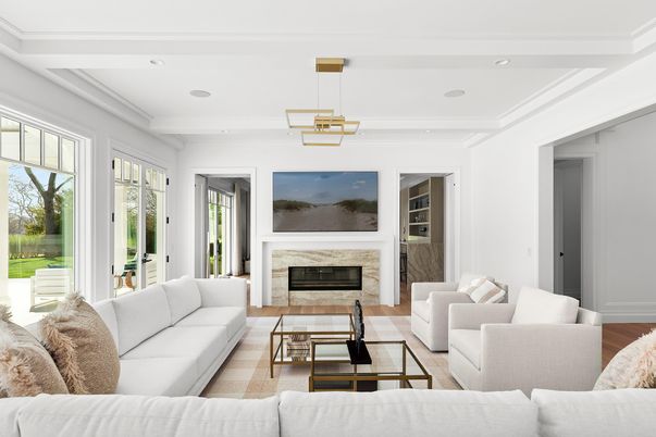 Fireplace, Interior, Living room, Pendant Lights, Recessed Lighting, Wood Texture Flooring