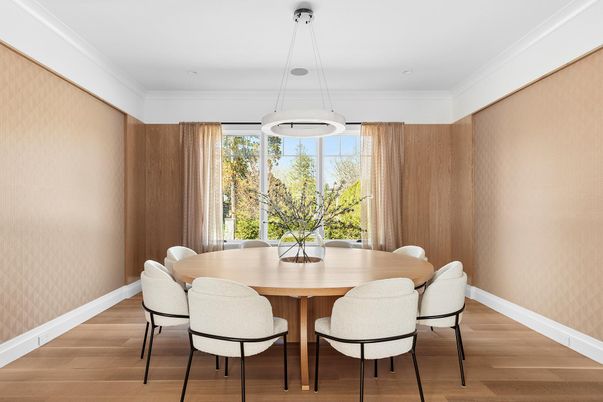 Dining room, Interior, Pendant Lights, Recessed Lighting, Wood Texture Flooring