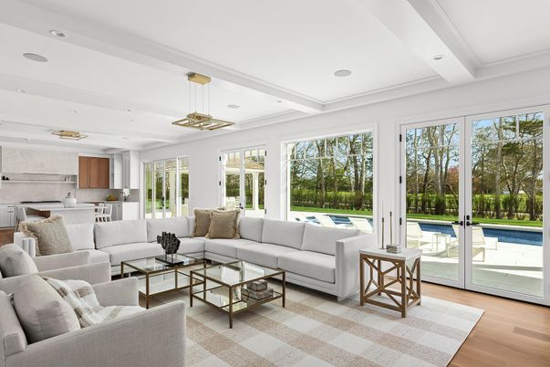 Interior, Kitchen, Living room, Marble Walls, Pendant Lights, Recessed Lighting, Wood Texture Flooring