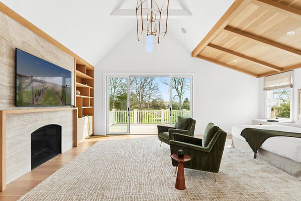 Fireplace, Interior, Living room, Pendant Lights, Recessed Lighting, Wooden Beams, Wooden Ceilings, Wood Texture Flooring