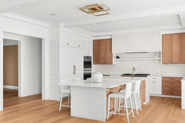 Interior, Kitchen, Marble Walls, Recessed Lighting, Stainless Steel Appliances, Wood Texture Flooring