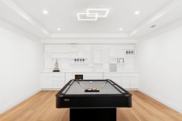 Billiard Table, Game Room, Interior, Recessed Lighting, Wood Texture Flooring