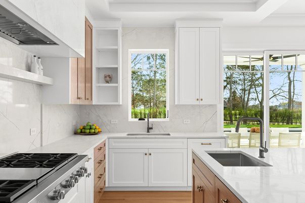 Interior, Kitchen, Marble Walls, Stainless Steel Appliances, Water, Wood Texture Flooring