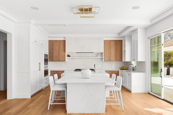 Dining room, Interior, Kitchen, Marble Walls, Recessed Lighting, Wood Texture Flooring