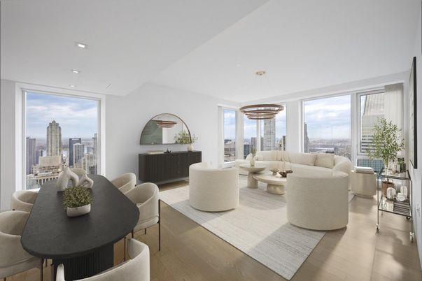 Dining room, Interior, Living room, Pendant Lights, Recessed Lighting, Wood Texture Flooring