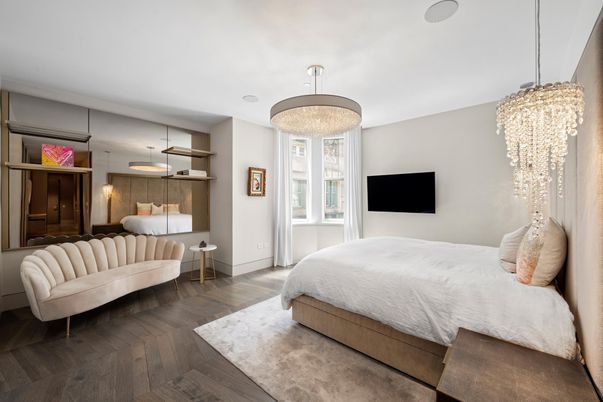 Bedroom, Chandelier, Interior, Pendant Lights, Wood Texture Flooring