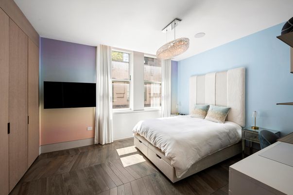 Bedroom, Chandelier, Interior, Wood Texture Flooring