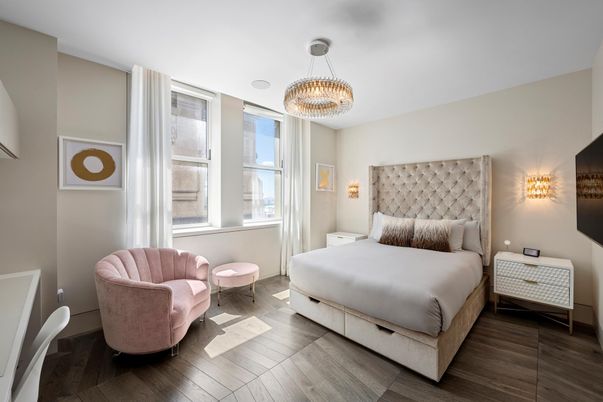 Bedroom, Chandelier, Interior, Pendant Lights, Wood Texture Flooring