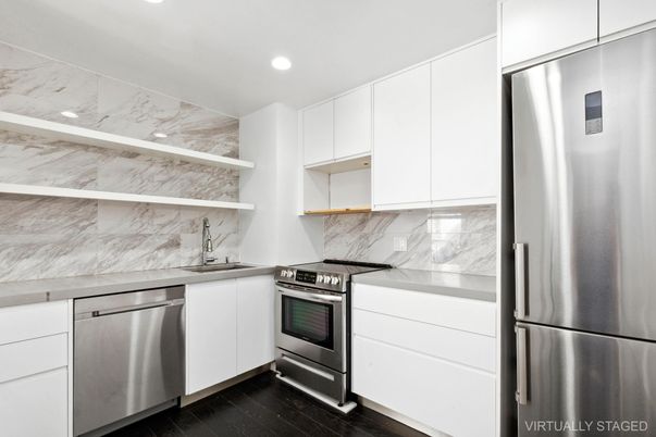 Interior, Kitchen, Marble Walls, Recessed Lighting, Stainless Steel Appliances, Wood Texture Flooring