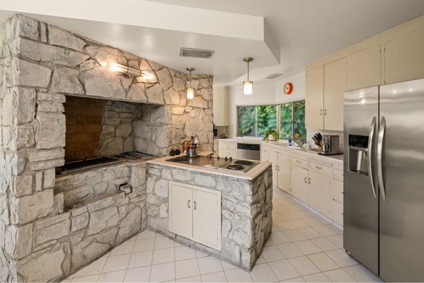 Interior, Kitchen, Pendant Lights, Stainless Steel Appliances, Stone Walls