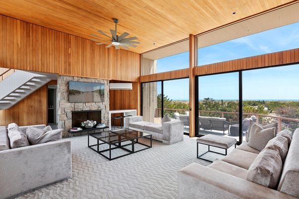 Fireplace, Interior, Living room, Recessed Lighting, Wooden Ceilings, Wooden Walls
