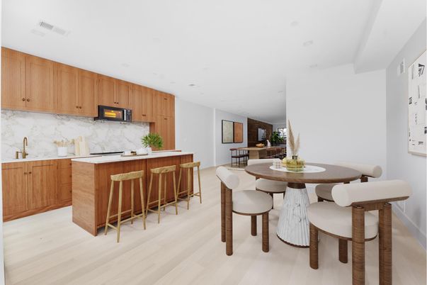 Dining room, Interior, Kitchen, Marble Walls, Recessed Lighting, Wood Texture Flooring