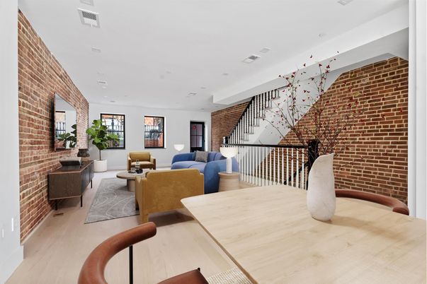 Dining room, Interior, Living room, Recessed Lighting, Stone Walls, Wood Texture Flooring