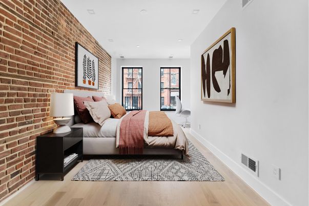 Bedroom, Interior, Recessed Lighting, Stone Walls, Wood Texture Flooring