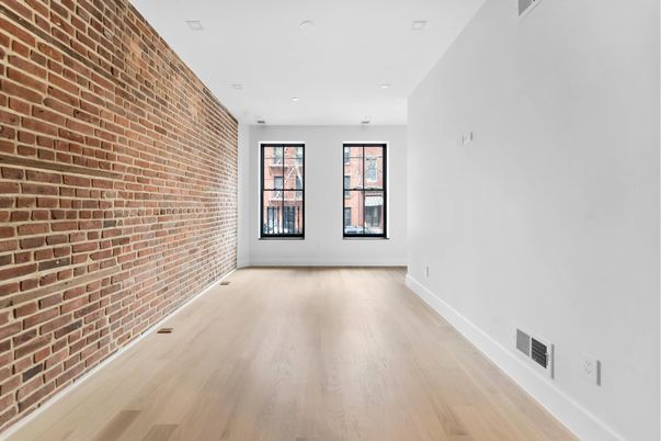 Empty room, Interior, Recessed Lighting, Stone Walls, Wood Texture Flooring