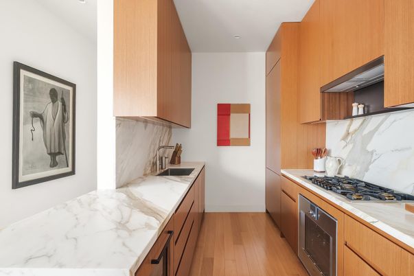 Interior, Kitchen, Marble Walls, Wood Texture Flooring